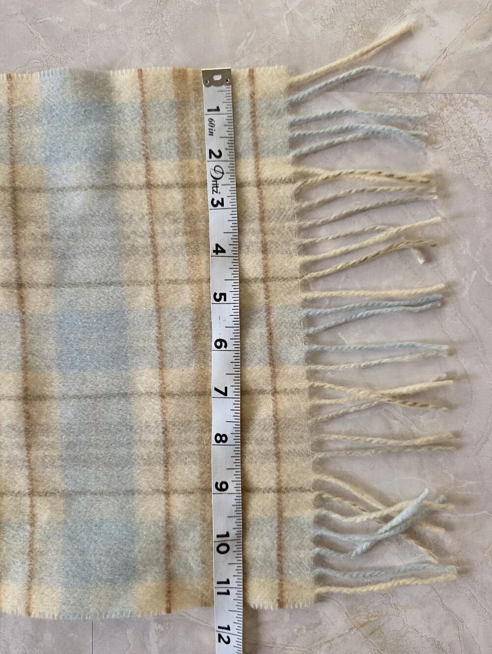 Valerie Stevens 100% Cashmere Scarf Made Germany Plaid Icy Blue Tan Fringe